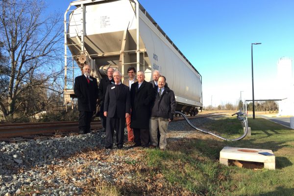 Left to Right: Eddie Boswell, Chairman, Alamance County Board of Commissioners; Scott Saylor, NCRR President; Argyle Campbell, Cambro Manufacturing President; Arthur Samet, President, Samet Corporation; Mac Stephenson, President, Alamance Chamber; Glendel Stephenson, Mayor of Mebane; Paul Worley, Director, NCDOT Rail Division